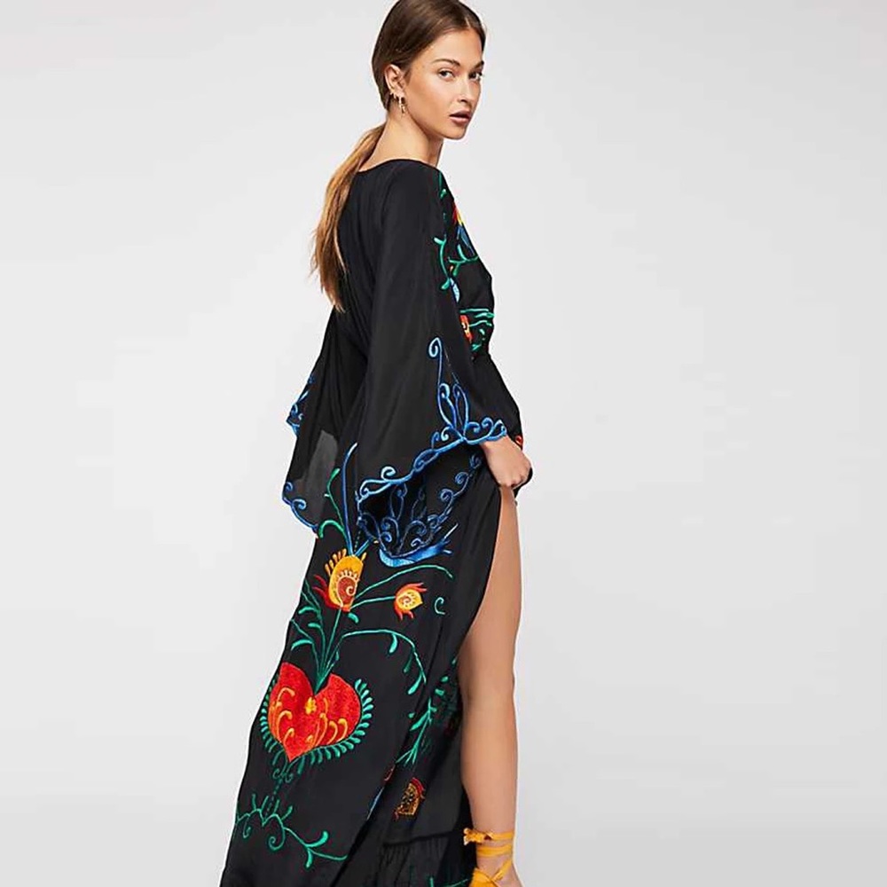 28.LAST 1! OVERSIZED Black Bohemian Embroidered Button Down Maxi Dream Dress - Picture 2 of 7